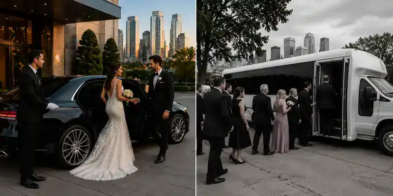 Split scene comparing a chauffeured luxury wedding sedan with a traditional guest shuttle, highlighting elegant arrivals and group transportation.